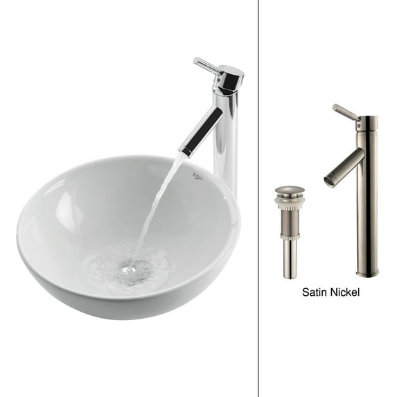 KRAUS Soft Round Ceramic Vessel Sink in White with Sheven Faucet in Satin Nickel
