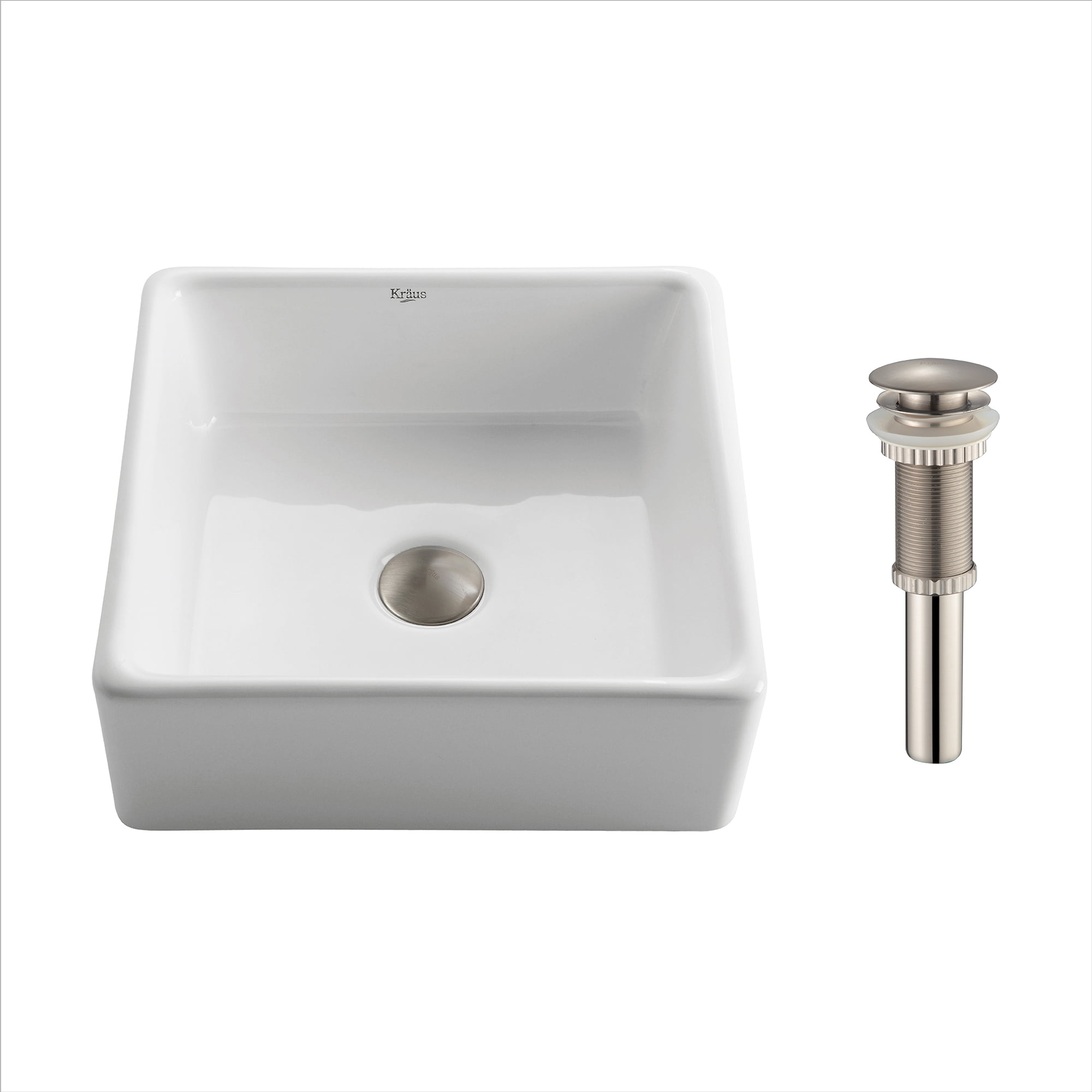 KRAUS Square Ceramic Vessel Bathroom Sink in White with PopUp Drain in