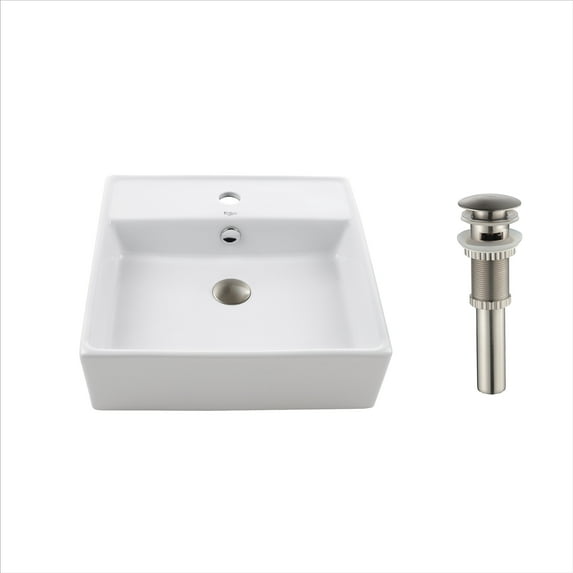 KRAUS Square Ceramic Vessel Bathroom Sink with Overflow in White and Pop-Up Drain in Satin Nickel