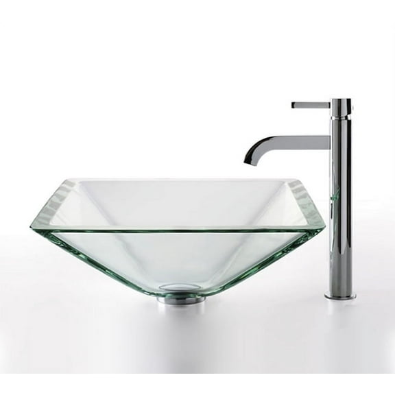 KRAUS Square Glass Vessel Sink in Clear with Ramus Faucet in Chrome