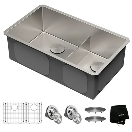 KRAUS Standart Pro 32" Undermount 60/40 Double Bowl 16 Gauge Stainless Steel Kitchen Sink