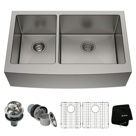 KRAUS Standart Pro 33" Apron Front Farmhouse 16 Gauge 40/60 Double Bowl Stainless Steel Kitchen Sink
