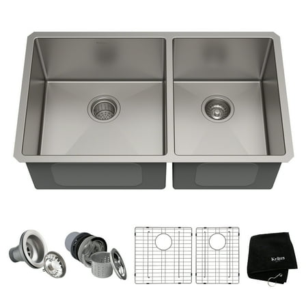 KRAUS Standart Pro 33" Undermount 60/40 Double Bowl 16 Gauge Stainless Steel Kitchen Sink