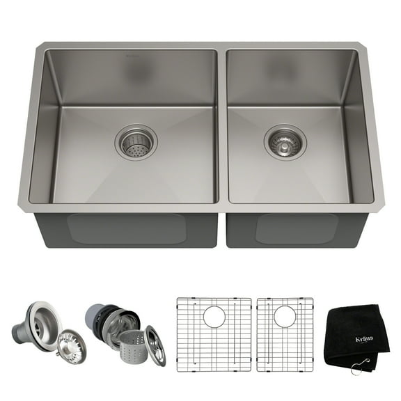 KRAUS Standart Pro 33" Undermount 60/40 Double Bowl 16 Gauge Stainless Steel Kitchen Sink