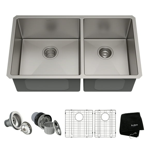 KRAUS Standart Pro 33" Undermount 60/40 Double Bowl 16 Gauge Stainless Steel Kitchen Sink