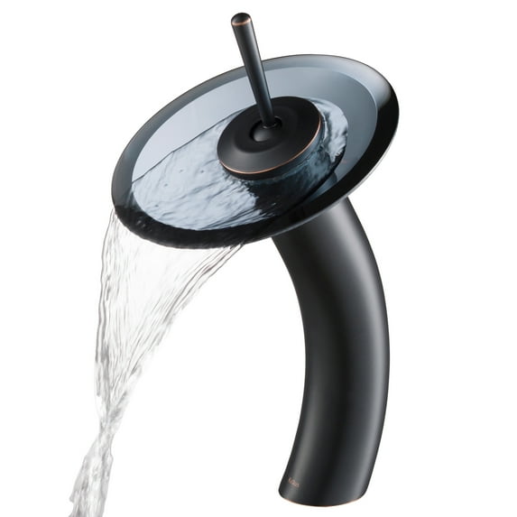KRAUS Tall Waterfall Bathroom Faucet for Vessel Sink with Clear Black Glass Disk, Oil Rubbed Bronze Finish