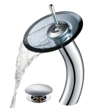 KRAUS Tall Waterfall Bathroom Faucet for Vessel Sink with Clear Black Glass Disk and Pop-Up Drain, Chrome Finish