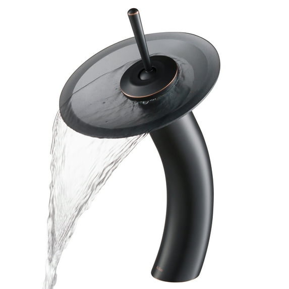 KRAUS Tall Waterfall Bathroom Faucet for Vessel Sink with Frosted Black Glass Disk, Oil Rubbed Bronze Finish