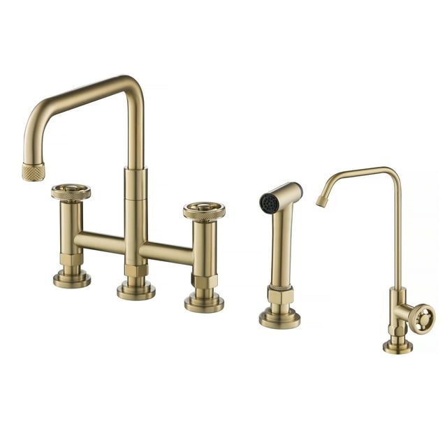 KRAUS Urbix™ Industrial Bridge Kitchen Faucet and Water Filter Faucet Combo in Brushed Gold