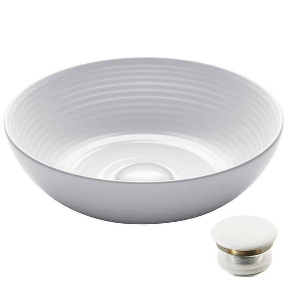 KRAUS Viva Round White Porcelain Ceramic Vessel Bathroom Sink with Pop-Up Drain, 13 in. D x 4 3/8 in. H