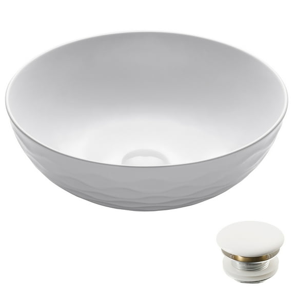 KRAUS Viva Round White Porcelain Ceramic Vessel Bathroom Sink with Pop-Up Drain, 16 1/2 in. D x 5 1/2 in. H