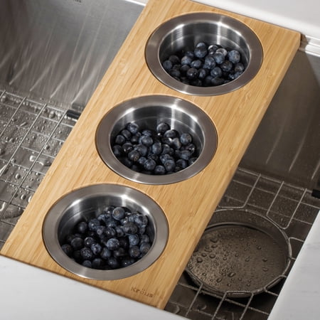 KRAUS Workstation Kitchen Sink Serving Board Set with Round Stainless Steel Bowls