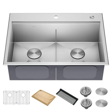 KRAUS Kore 30” Drop In / Top Mount Workstation 16 Gauge 50/50 Double Bowl Stainless Steel Kitchen Sink with Accessories