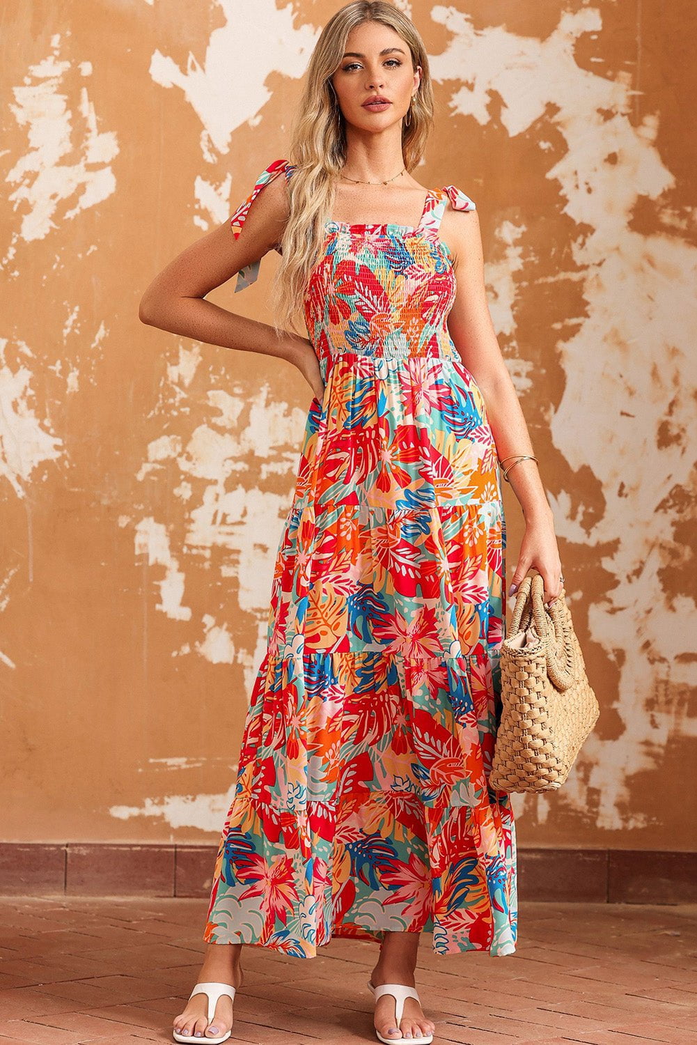 Tie-Shoulder Smocked Maxi Dress