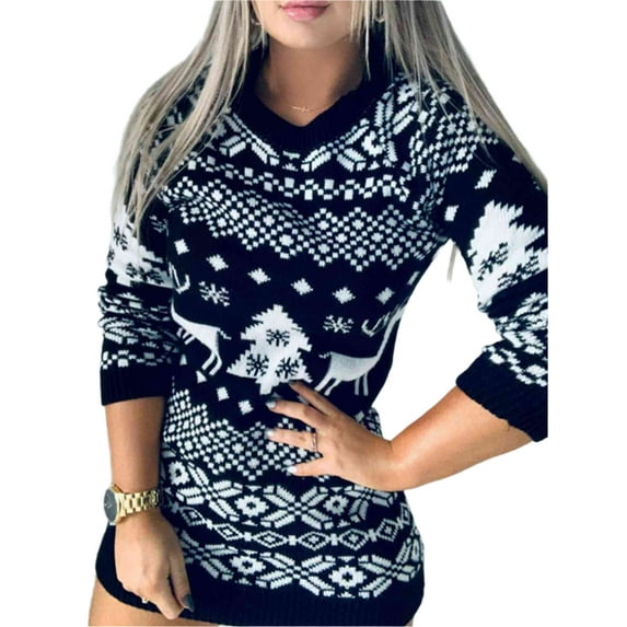 KRE Prime Women Christmas Element Round Neck Mini Sweater Dress