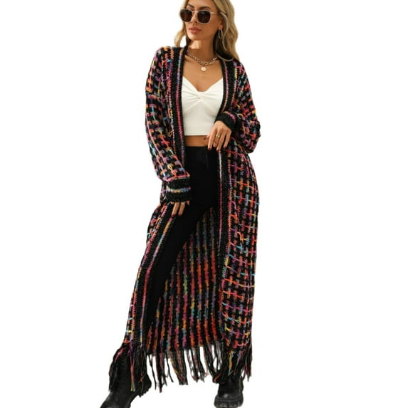 KRE Prime Women Multicolored Open Front Fringe Hem Cardigan