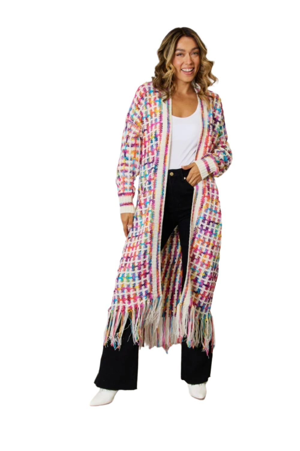 Multicolored Open Front Fringe Hem Cardigan main image 0