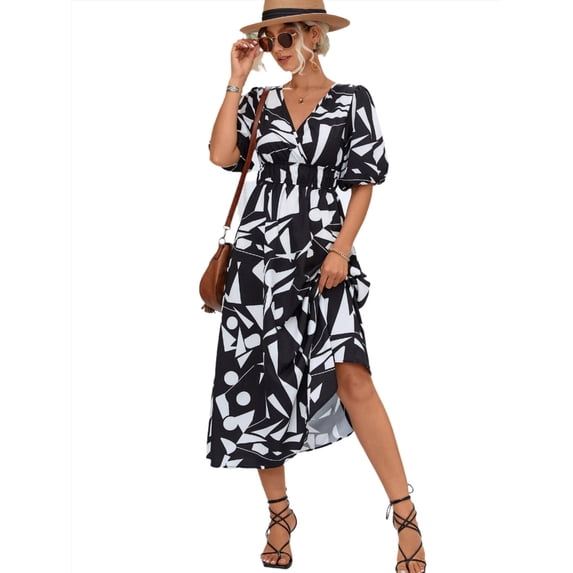 KRE Prime Women Printed Surplice Balloon Sleeve Dress