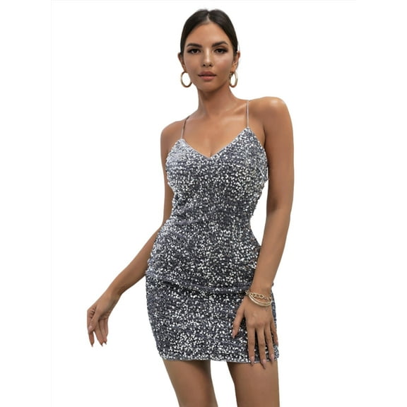 KRE Prime Women Sequined Spaghetti Strap Crisscross Back Mini Dress