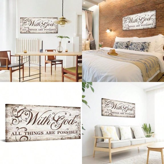 KREATIVE ARTS With God All Things Are Possible Canvas Wall Art - Vintage Brown Wood Grain Pattern with Flowe Bible Verse Print Rustic Home Office Decor Christian Gifts 20x48''