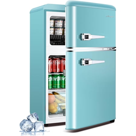 KRIB BLING 3.2 Cubic Feet Double Door Mini Fridge with Freezer, Mini Compact Refrigerator 2 Doors for Dorm, Office, Apartment, RV, Bedroom, Black