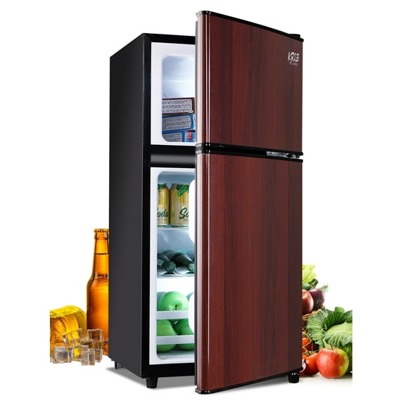 KRIB BLING 3.5 Cu.ft Mini Fridge with 7 Level Thermostat, Compact Refrigerator with Freezer on Top, Ideal for Dorm, Office, Brownwood