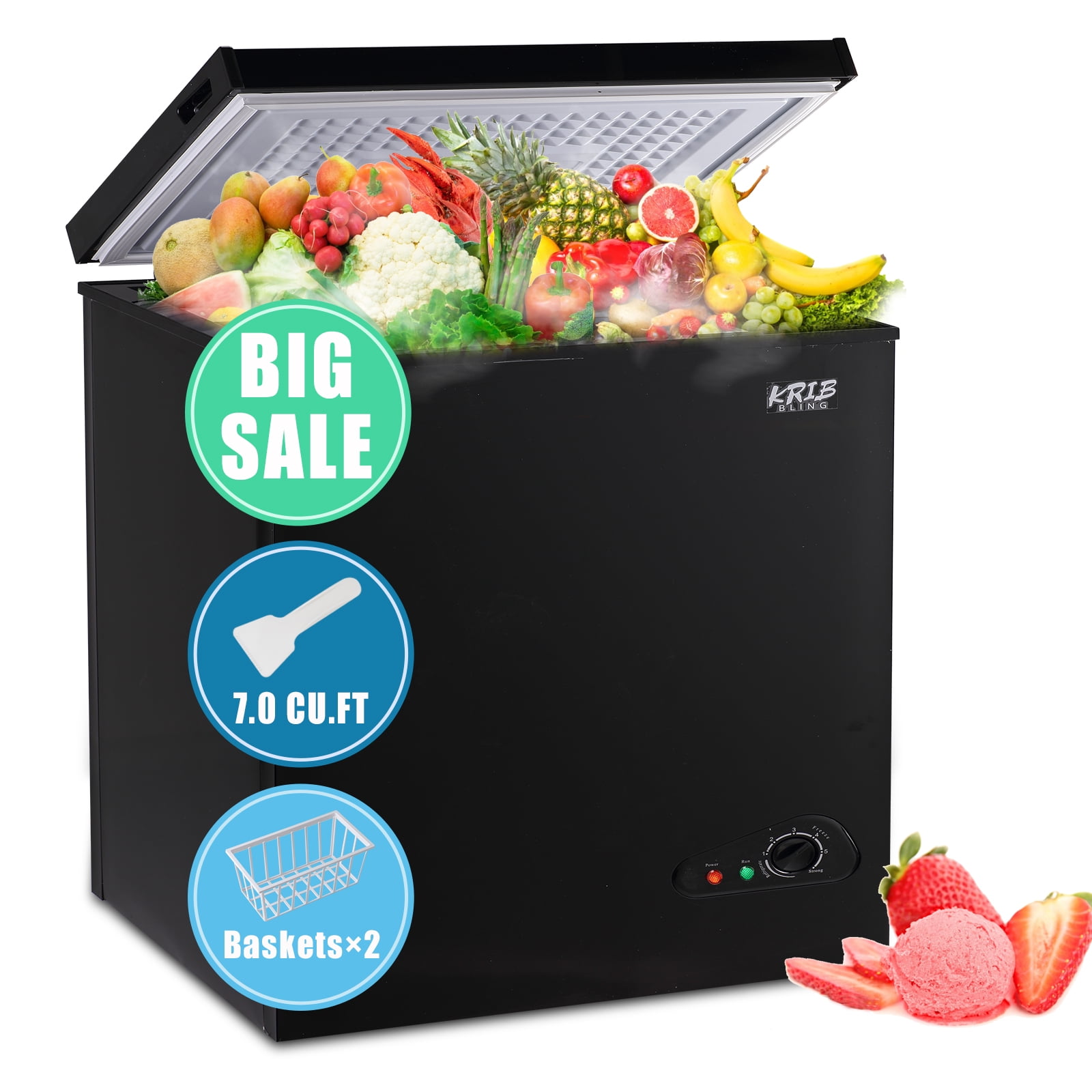 KRIB BLING 7.0 Cu.ft Black Deep Freezer with Removable Basket, Ideal