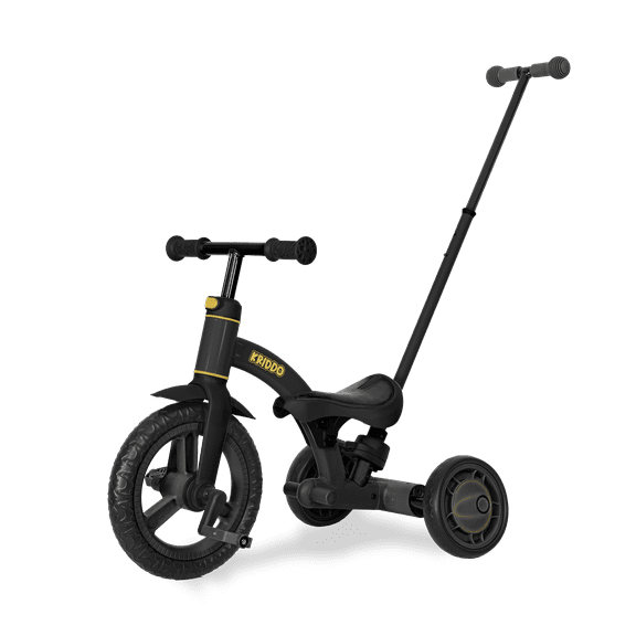 KRIDDO 4-in-1 Kids Tricycle for 1.5 to 3 Yea Old with Parent Steering Push Handle, 12 Inch Front Wheel Trike, Toddler Balance Bike for Boys Girls 18 Month to 3 Years, Adjustable Height, Black