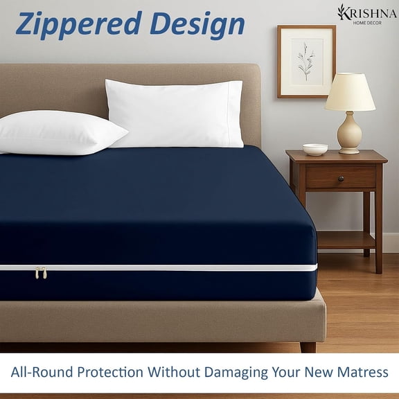 KRISHNA Queen Size Mattress Encasement - Soft Brushed Microfiber Zipper Fitted Sheet, Navy Blue