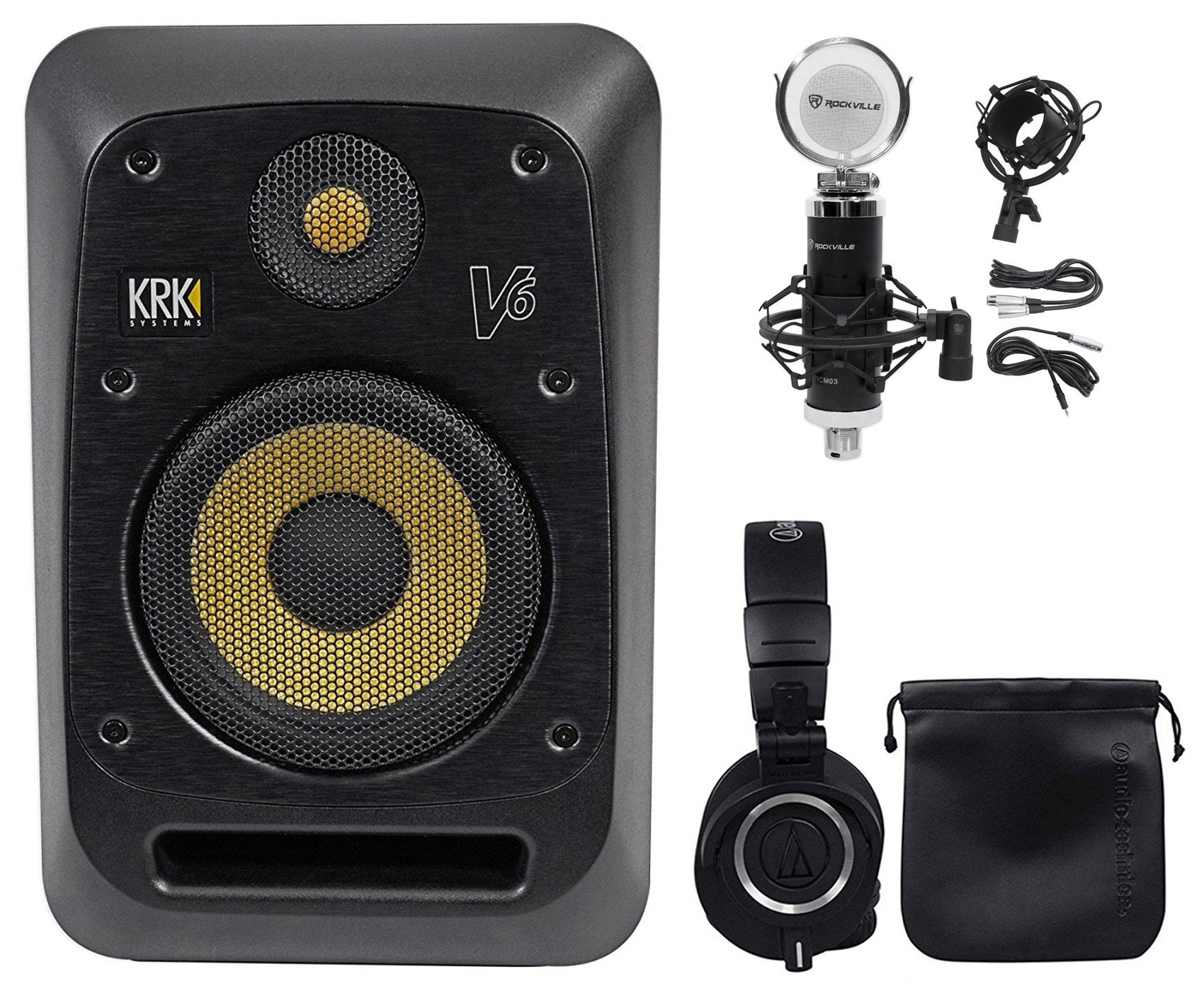 KRK V6S4-NA 6" Powered Studio Monitor+Condenser Mic+Audio Technica Headphones