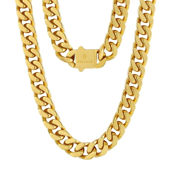 KRKC&CO 12mm Mens Cuban Link Chain,18k Gold Plated Miami Cuban Chain, 4-Side Cut, Hip Hop Jewelry, Anti-Allergies Necklace, Durable and Anti-Tarnish Urban Street-wear, 18in