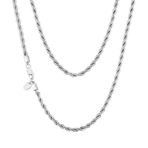 KRKC&CO 4mm Stainless Steel Twist Rope Chain Necklace For Men, White Gold Plated Chain Mens Jewelry 20in