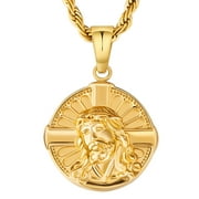 KRKC&CO Coin Pendant Medallion Necklace, Jesus with Cross Circle 18k Gold Vintage Coin Necklace For Men, Him, Boyfriend, 2.5mm, 22in