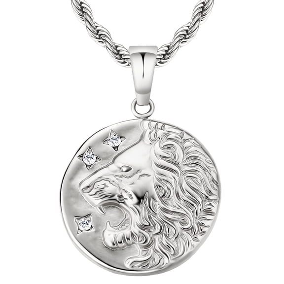KRKC&CO Coin Pendant Medallion Necklace, Lion Circle White Gold plated Vintage Coin Necklace For Men, Him, Boyfriend, 2.5mm, 22in