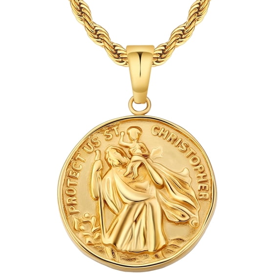 KRKC&CO Coin Pendant Medallion Necklace, St. Christopher Circle 18k Plated Gold Vintage Coin Necklace For Men, Him, Boyfriend, 2.5mm, 22in