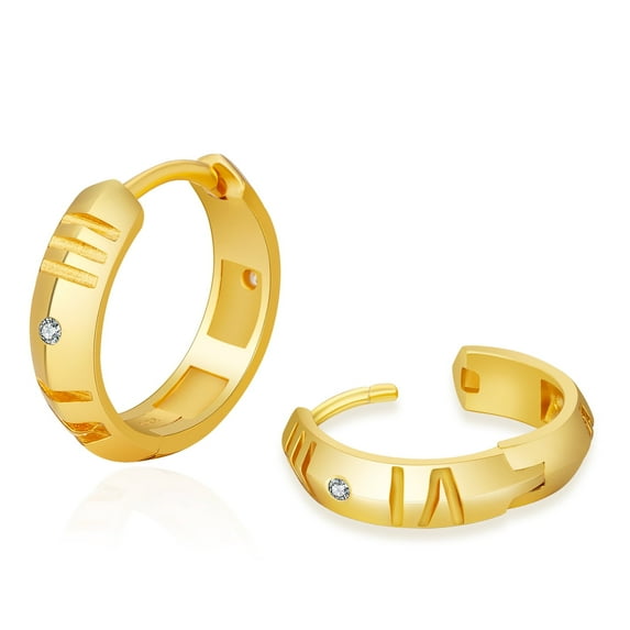 KRKC&CO Hoop Earrings for Men, S925 Sterling Silver, 14k Gold Plated Hoop Earrings, Hypoallergenic, 5A CZ Stones, Roman Numerals 15mm