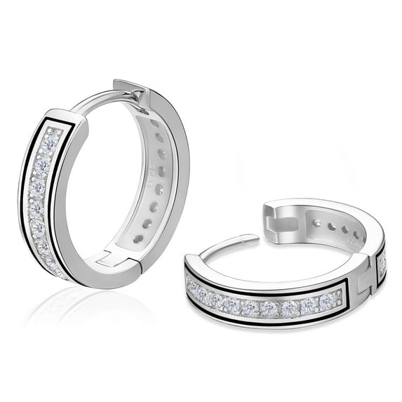 KRKC&CO Hoop Earrings for Men, S925 Sterling Silver, White Gold plated Hoop Earrings, Hypoallergenic, 5A CZ Stones, 15mm