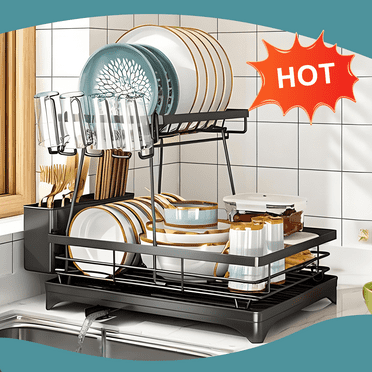 KRKZ Home Kitchen 2-Tier Stainless Steel Foldable Dish Racks ,18.9"x12.2"x11.8"in, Black