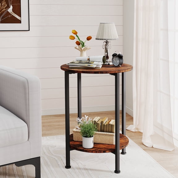 LOGYAT 17.7" Round 2-Tier Accent Side Table, Industrial End Table with Storage Shelf & Wooden Top for Living Room Bedroom, Rustic Brown