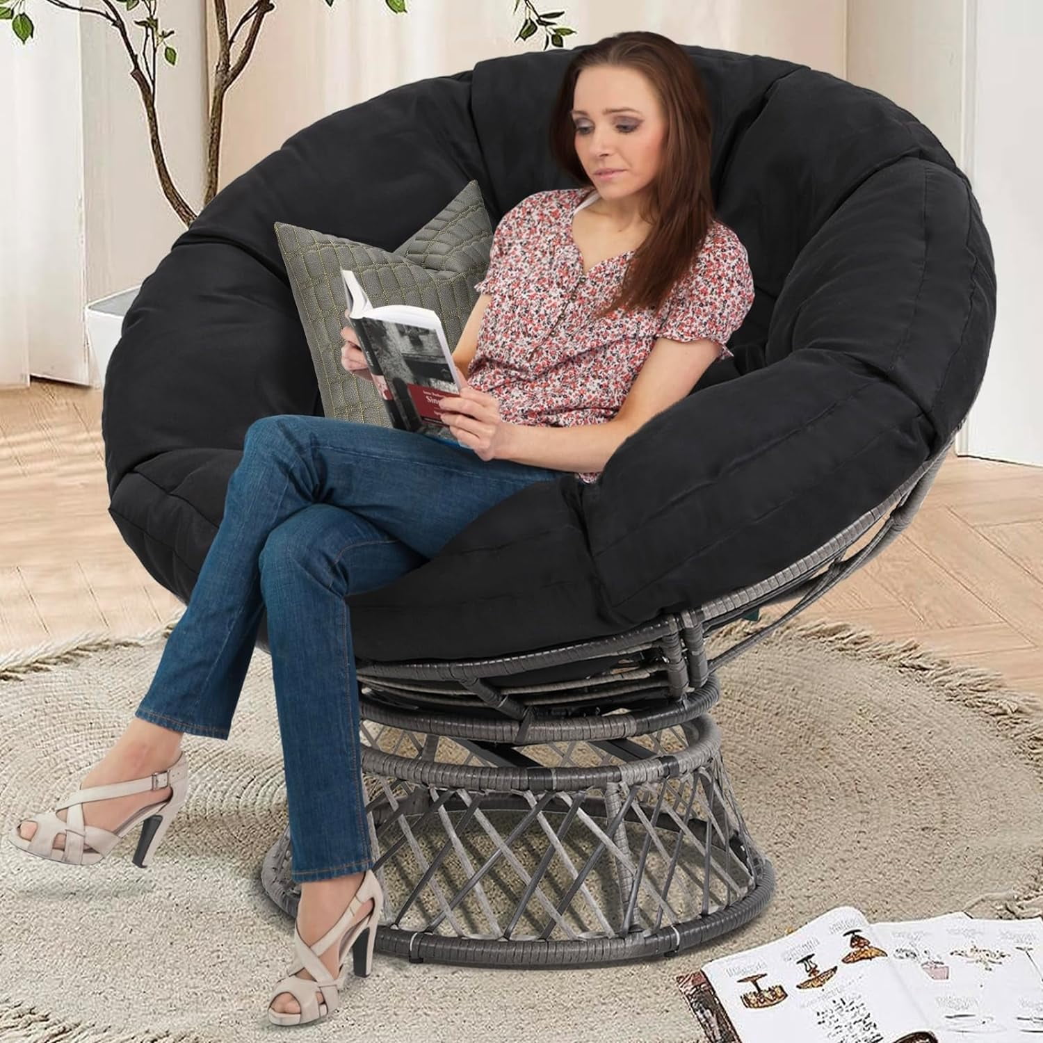KROFEM Oversized 360 Swivel Rattan Papasan Circle Chair Living