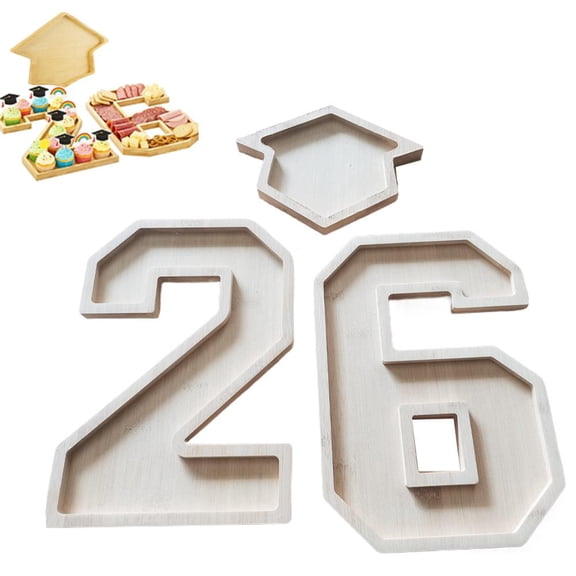 KRONDO 26 Graduation Number Charcuterie Fillable Board, Large Number Shaped Food Tray Candy Box, Reusable Wood Food Serving Trays for Snacks Cookies Fruits Party Table Decor
