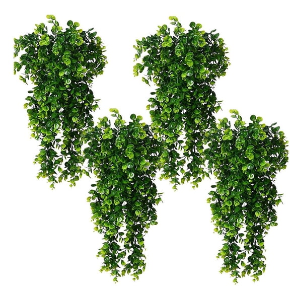 KRONDO 4 Pack Artificial Hanging Plants,Hanging Plants Faux Eucalyptus Leaf Greenery Fake Plant,UV Resistant Artificial Plastic Plants,for Wall House Room Patio Indoor Outdoor Home Shelf Office Decor