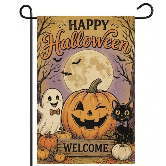 KRONDO Halloween Garden Flag 12x18 Double Sided, Ghost Pumpkin Welcome Yard Flag, Burlap Spooky Outdoor Lawn Decor for Farmhouse Patio & Garden