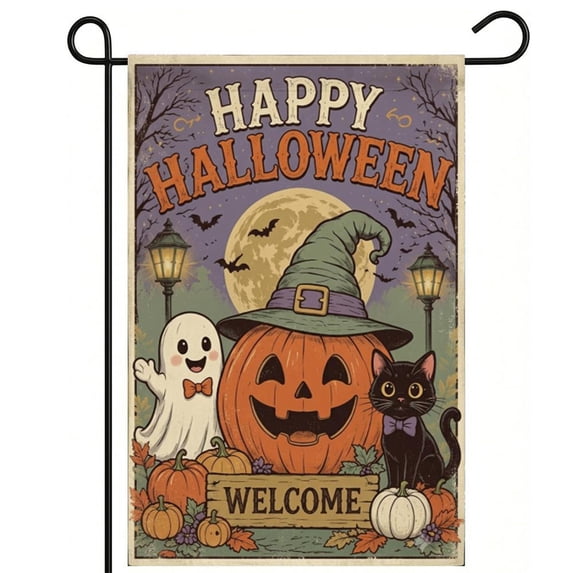 KRONDO Halloween Garden Flag 12x18 Double Sided, Ghost Pumpkin Welcome Yard Flag, Burlap Spooky Outdoor Lawn Decor for Farmhouse Patio & Garden