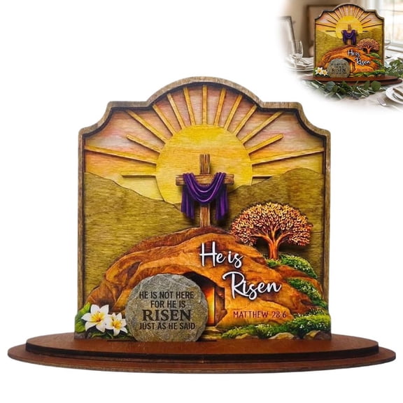 KRONDO He Is Risen Easter Decor, 3-Layer Wooden Empty Tomb Scene, Movable Stone, Religious Resurrection Set Decoration for Table, Desk, Home, Sunrise & Cross, 6in Base