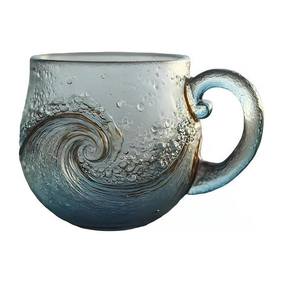KRONDO Sea Glass Wave Mug,350ml Handblown Ocean Wave Glass Mug Cup,Textured Sea Wave Design, Unique Glassware for Tea, Coffee, Cocktails, Beach Lovers & Gift Giving