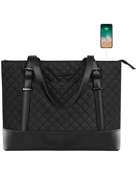 15.6" Quilt Laptop Tote Bag, Computer Shoulder Bag, Black