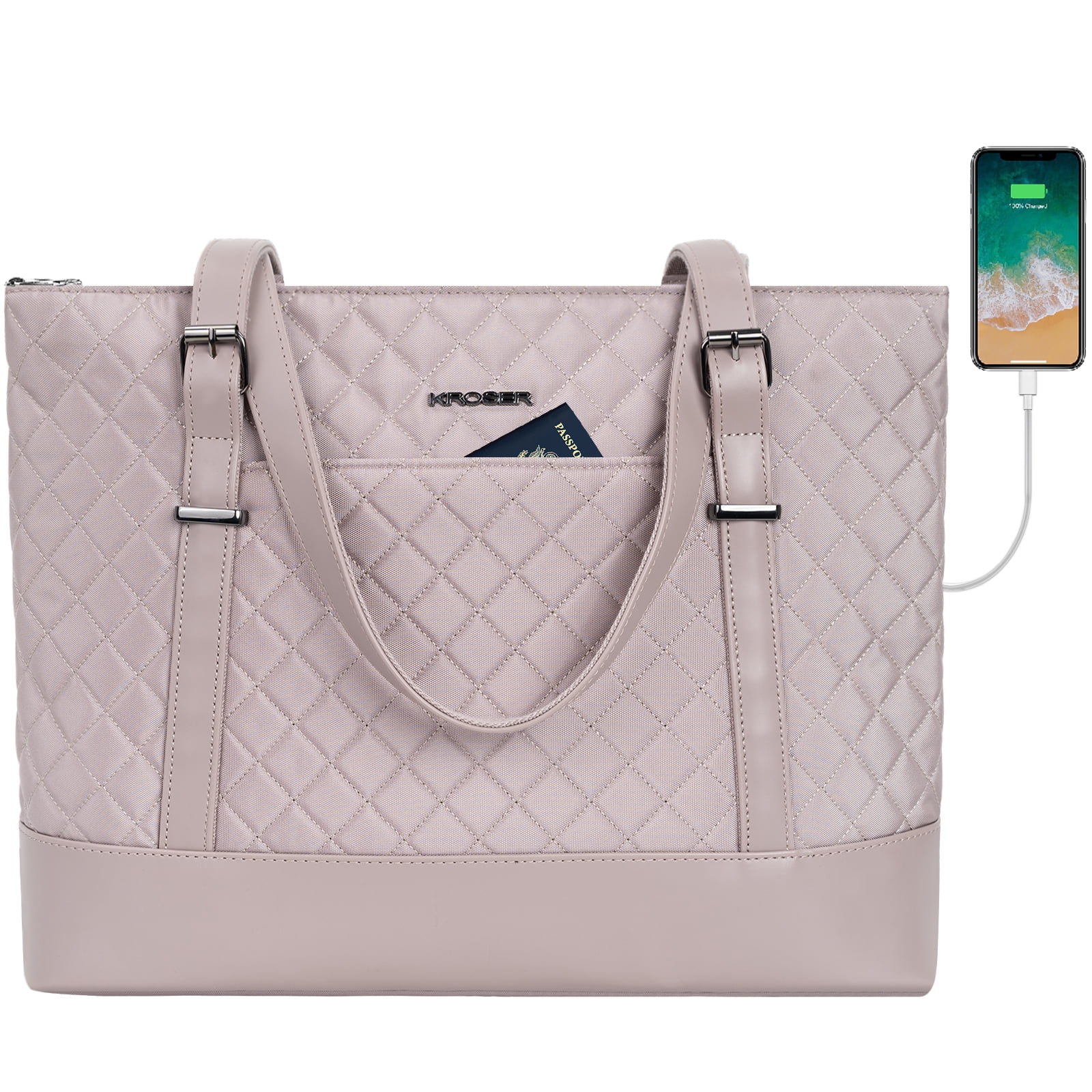 KROSER Laptop Tote Bag 15.6 Computer bag Shoulder Bag Women Handbag Quilt Dusty Pink Walmart