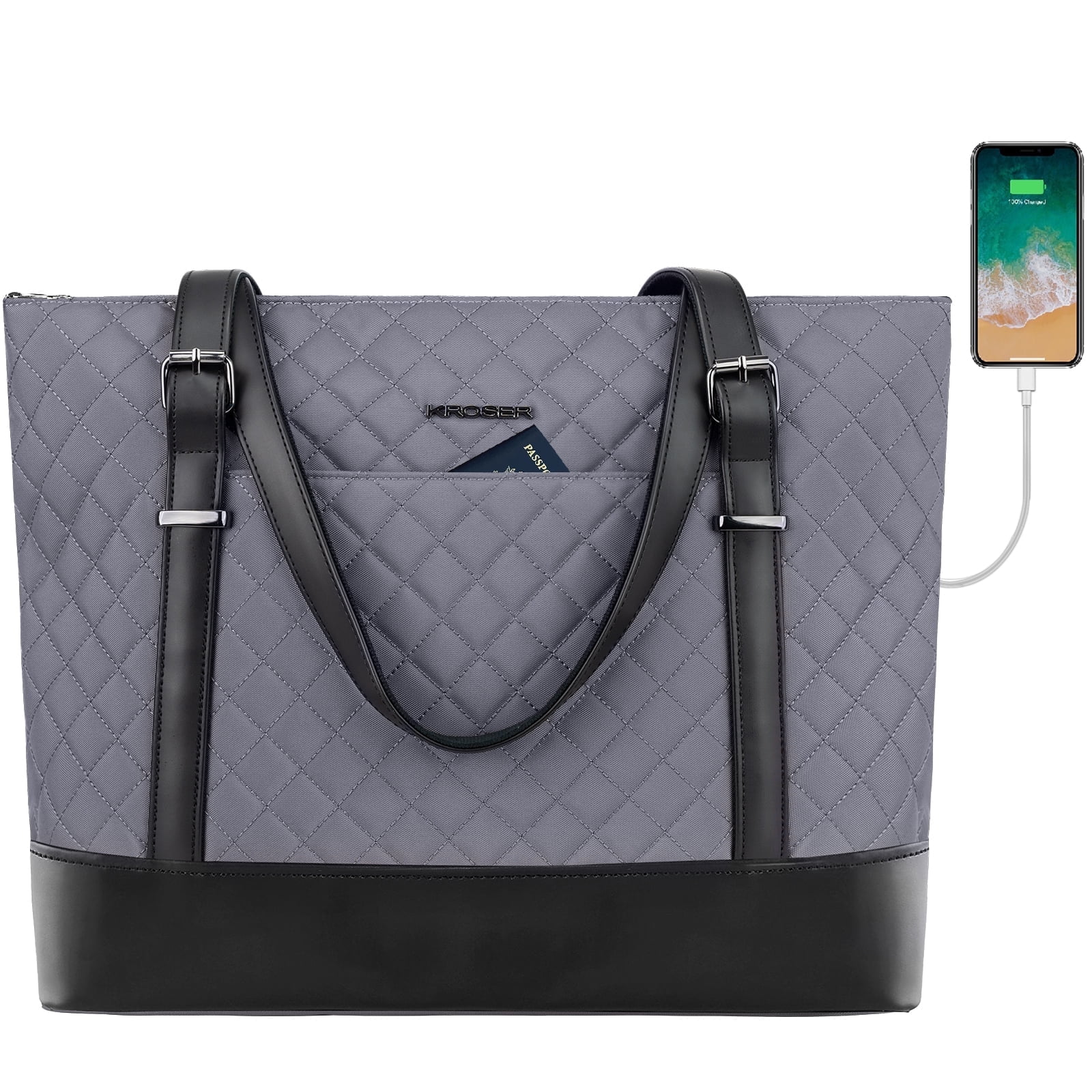 KROSER 15.6-Inch Laptop Tote Bag Polyester Quilt Gray