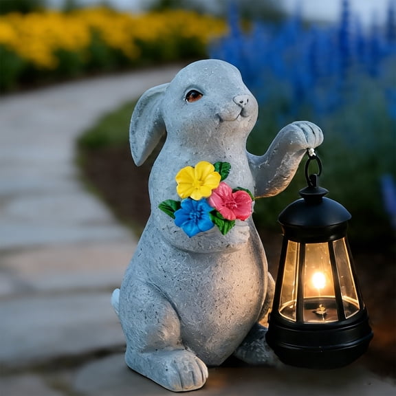 KRQAP Outdoor Solar Lights Easter Bunny Resin Solar Outdoor Light Household Animals Statue Ornaments Courtyard Paths Garden Balcony Decoration Lights, Home Items Summer Savings